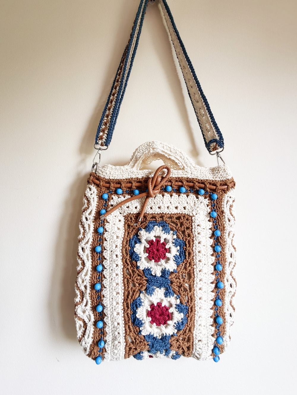 Handmade Crochet Boho Crossbody Bag in Cream, Brown & Blue